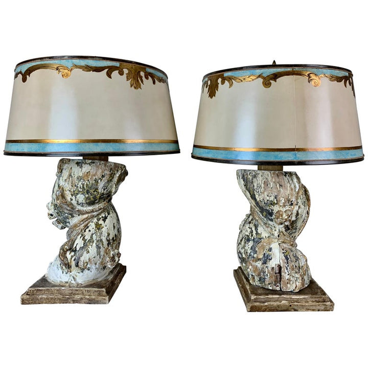 Italian Painted Column Lamps with Parchment Shades, Pair