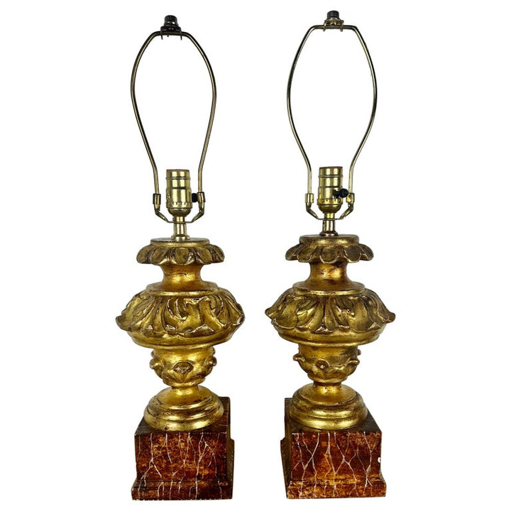 Pair of Italian Gilt Wood Carved Lamps on Faux Marble Bases