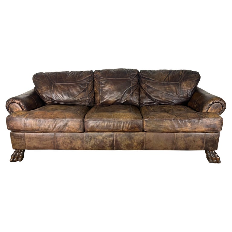 Mid-20th C. Leather Upholstered Sofa w/ Lion Paw Feet
