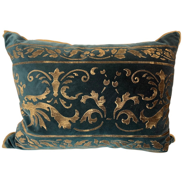 Gold Stenciled Green Velvet Pillow