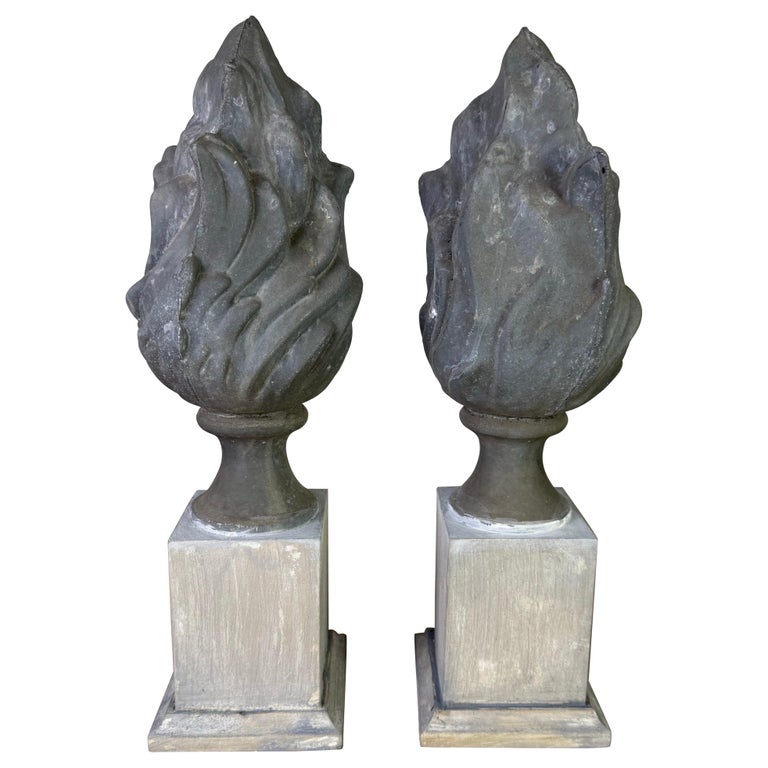 Pair of 19th C. Zinc Flames on Wood Bases