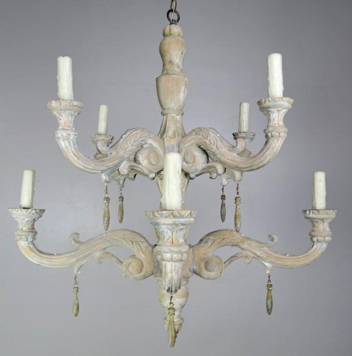 Eight-Light Carved Wood Chandelier with Tassels