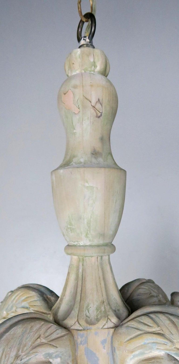 Eight-Light Carved Wood Chandelier with Tassels