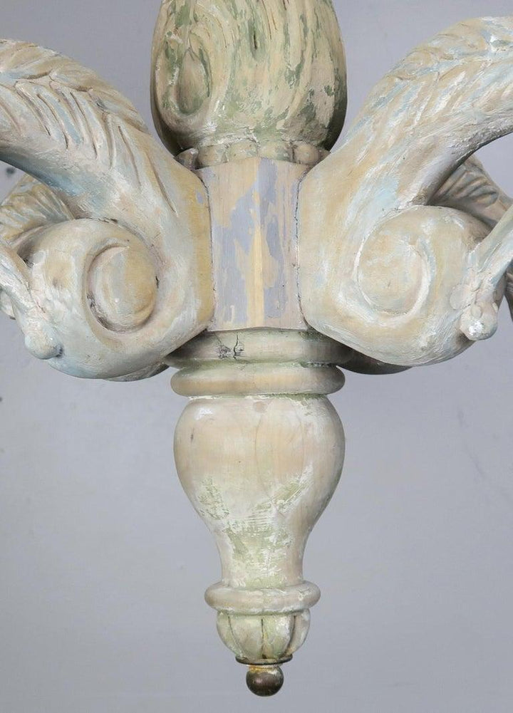 Eight-Light Carved Wood Chandelier with Tassels