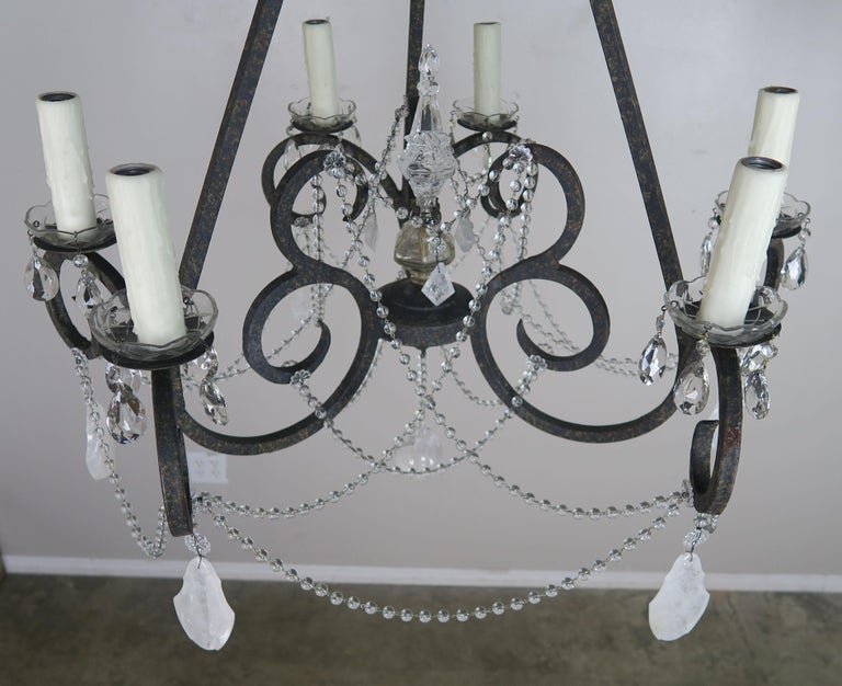 Six-Light Rock Crystal Wrought Iron Chandelier