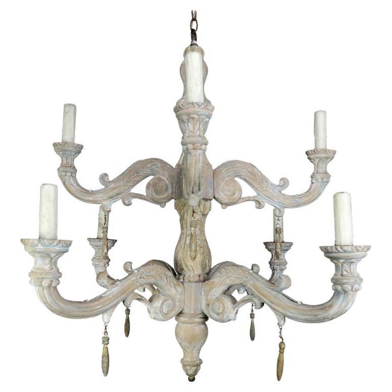 Eight-Light Carved Wood Chandelier with Tassels