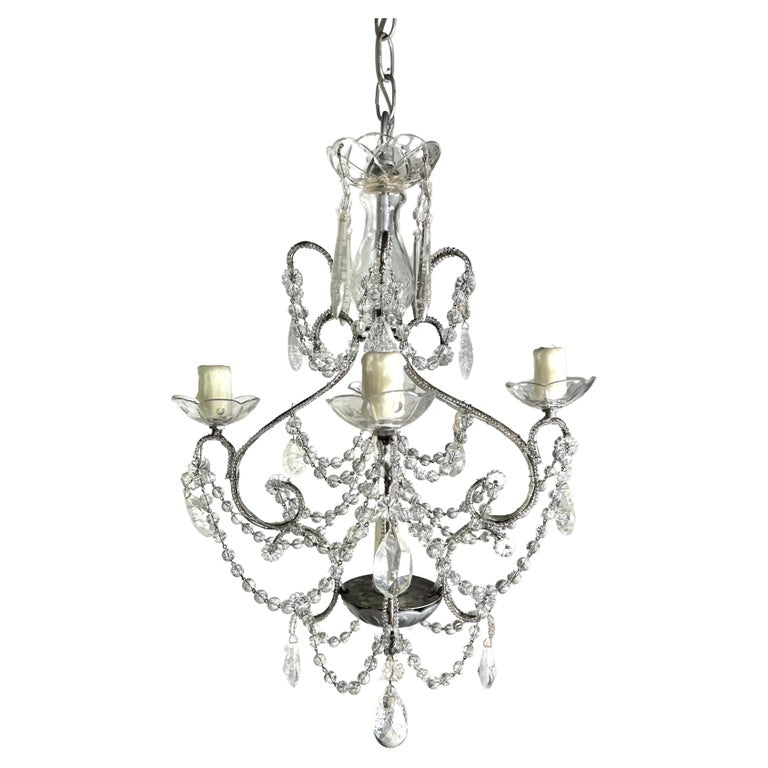 French (4) Light Rock Crystal Beaded Chandelier C. 1930's