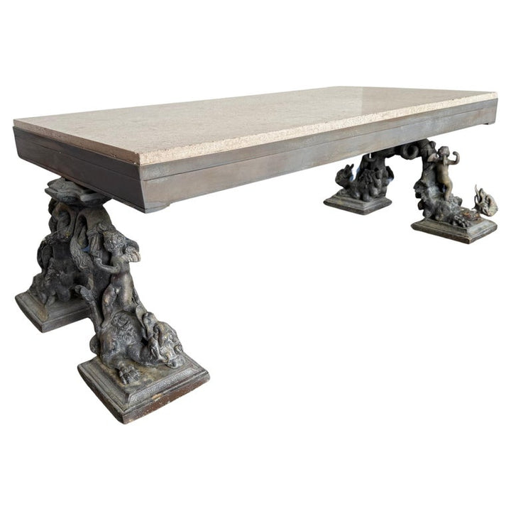 French Bronze Figural Coffee Table with Travertine Top