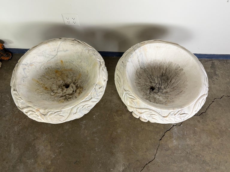 Pair of 19th Century Hand-Carved Carrara Marble Planters