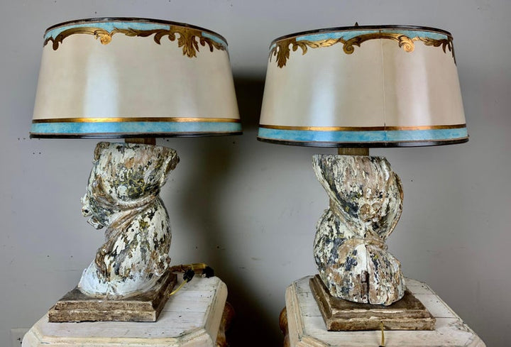 Italian Painted Column Lamps with Parchment Shades, Pair