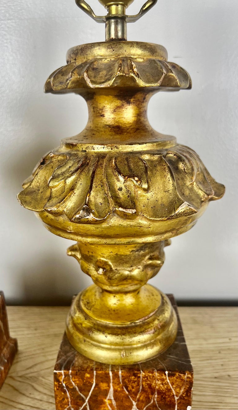Pair of Italian Gilt Wood Carved Lamps on Faux Marble Bases