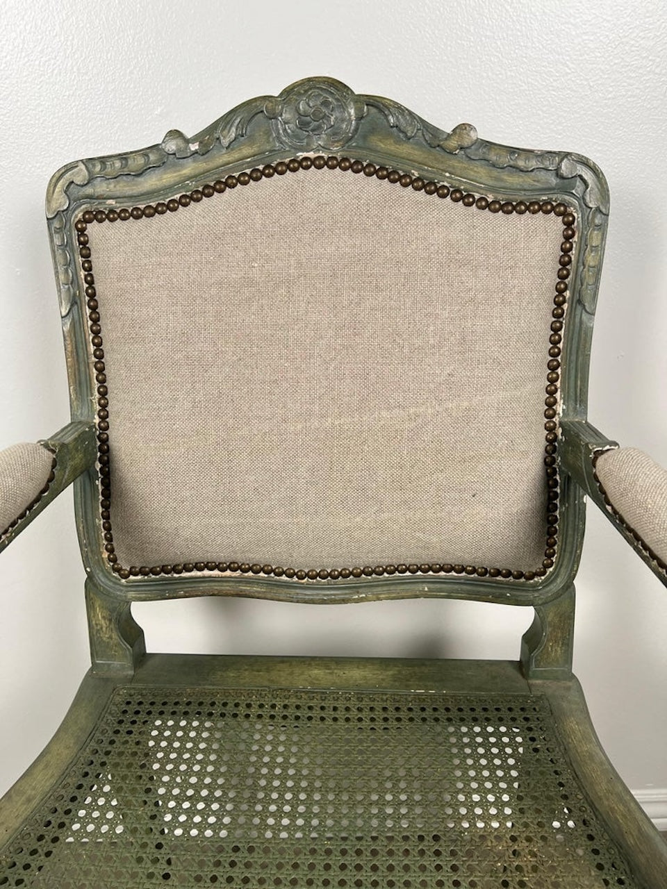 Pair of French Painted Cane Seat Armchairs with Cushions