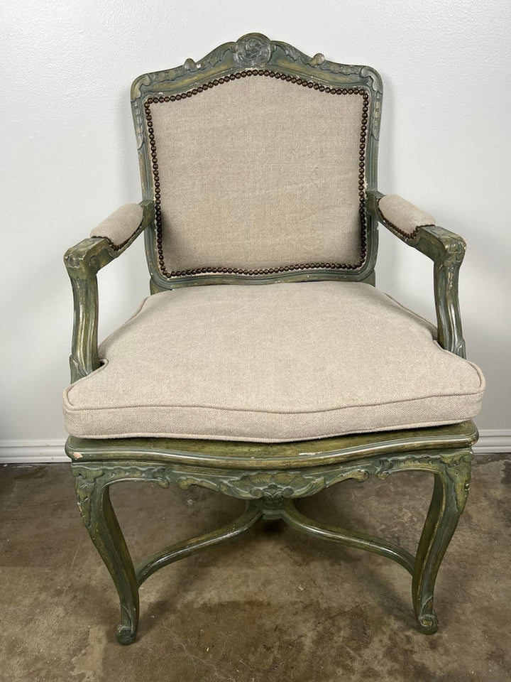 Pair of French Painted Cane Seat Armchairs with Cushions