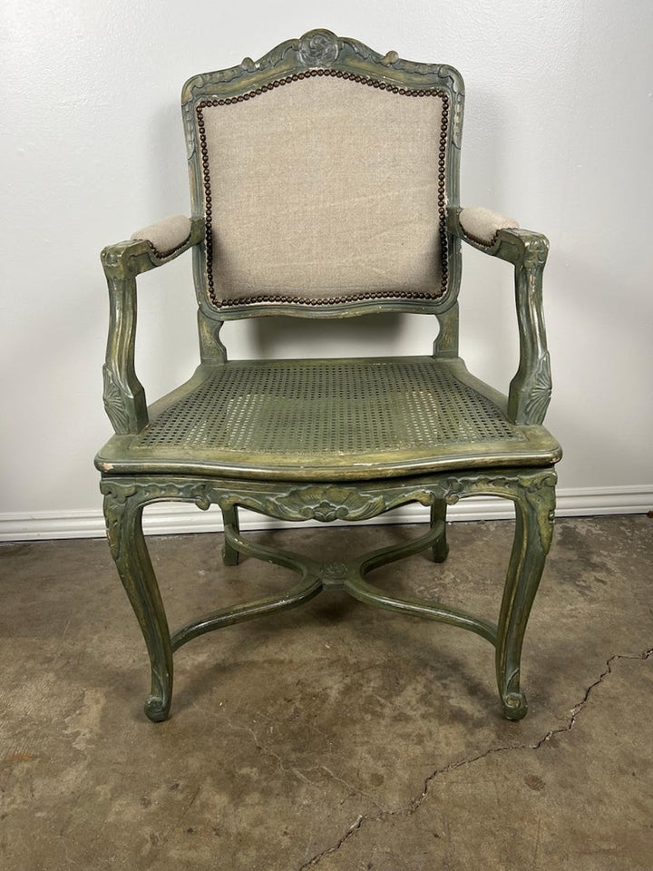 Pair of French Painted Cane Seat Armchairs with Cushions
