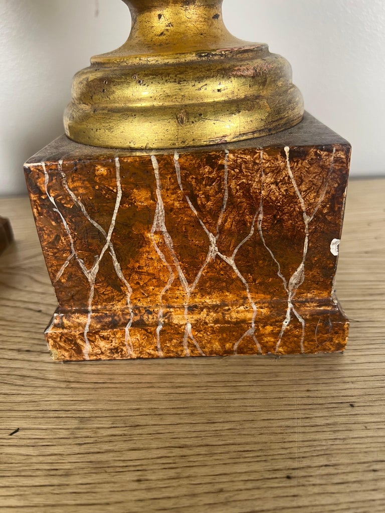 Pair of Italian Gilt Wood Carved Lamps on Faux Marble Bases