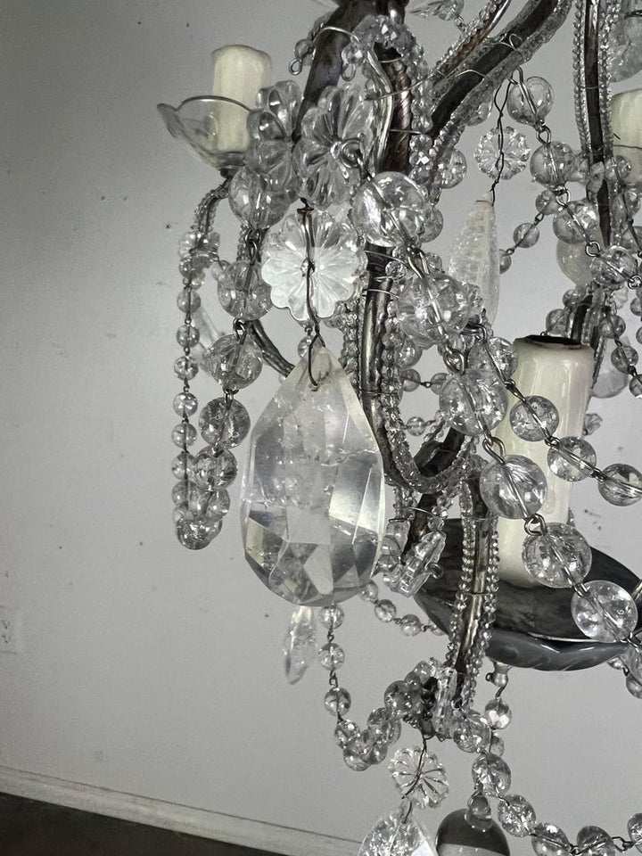 French (4) Light Rock Crystal Beaded Chandelier C. 1930's