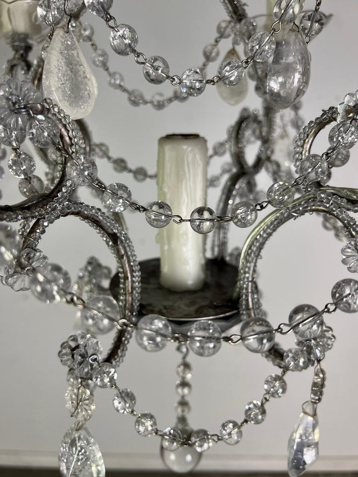 French (4) Light Rock Crystal Beaded Chandelier C. 1930's