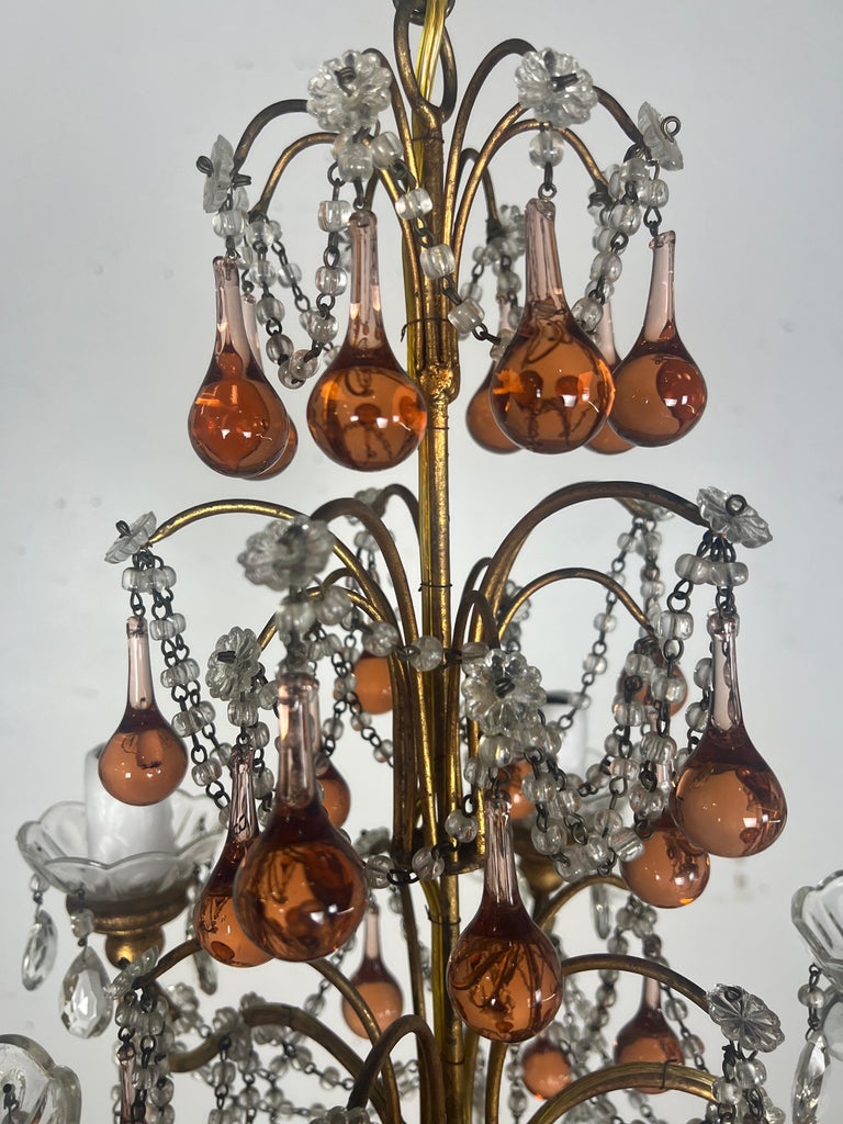 Five Light Amber Crystal Beaded Chandelier C. 1930's