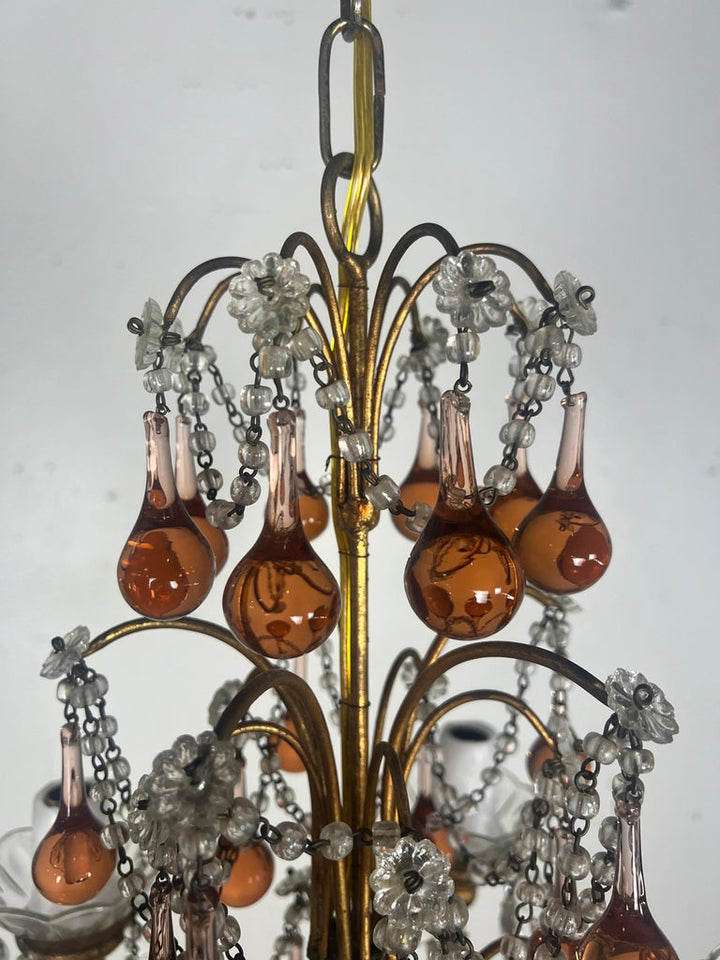 Five Light Amber Crystal Beaded Chandelier C. 1930's
