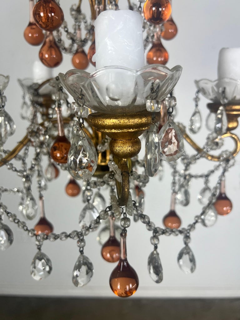 Five Light Amber Crystal Beaded Chandelier C. 1930's