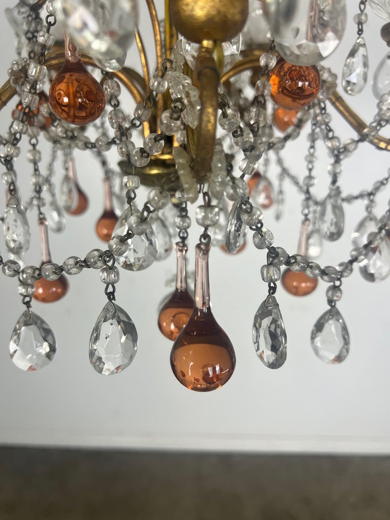 Five Light Amber Crystal Beaded Chandelier C. 1930's