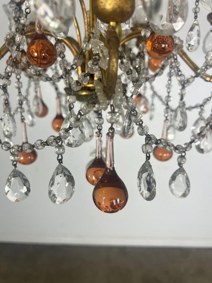 Five Light Amber Crystal Beaded Chandelier C. 1930's