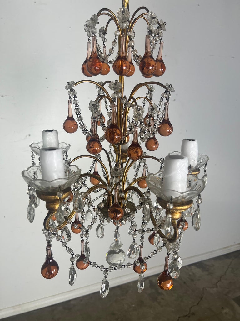 Five Light Amber Crystal Beaded Chandelier C. 1930's