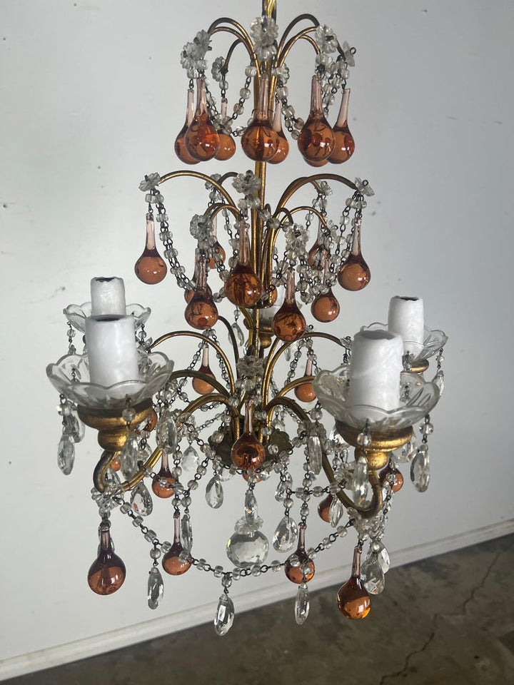 Five Light Amber Crystal Beaded Chandelier C. 1930's
