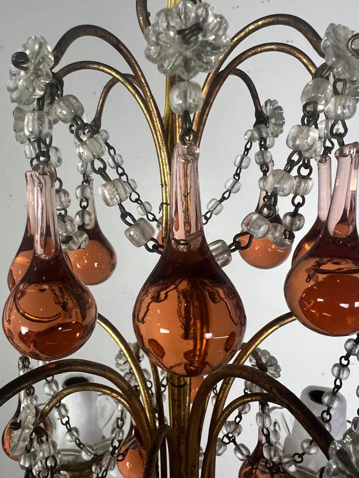Five Light Amber Crystal Beaded Chandelier C. 1930's