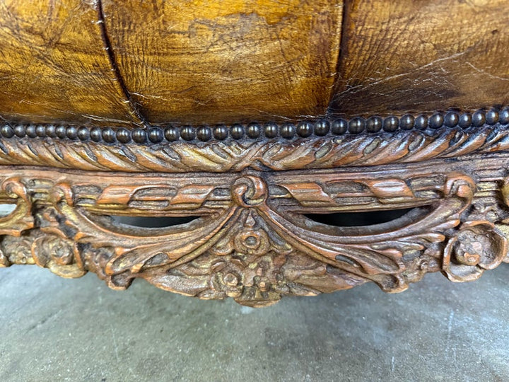 Pair of Italian Leather Tufted Armchairs w/ Cherubs