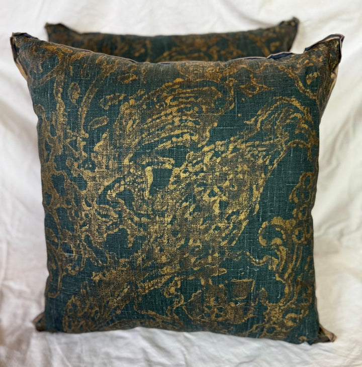 Pair of Custom Printed Metallic Linen Pillows w/ Birds