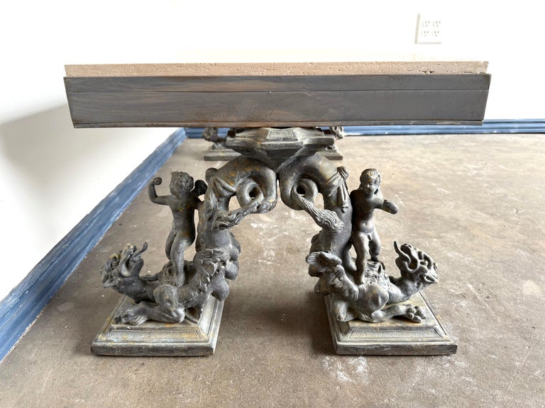 French Bronze Figural Coffee Table with Travertine Top