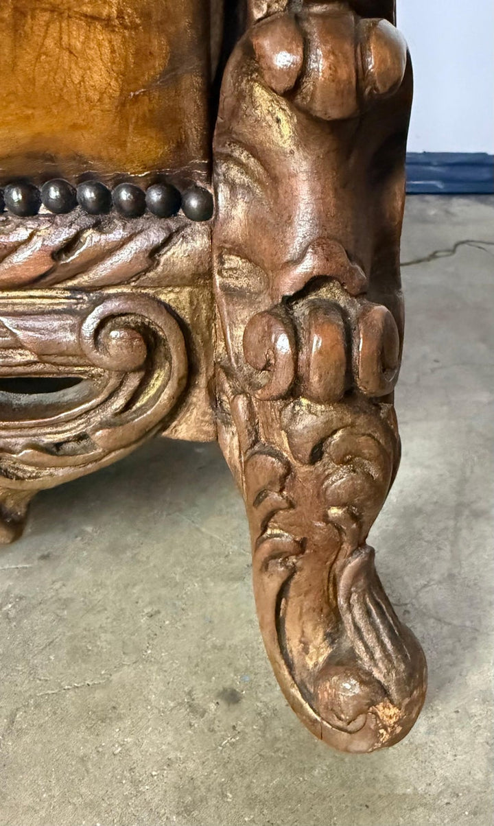 Pair of Italian Leather Tufted Armchairs w/ Cherubs