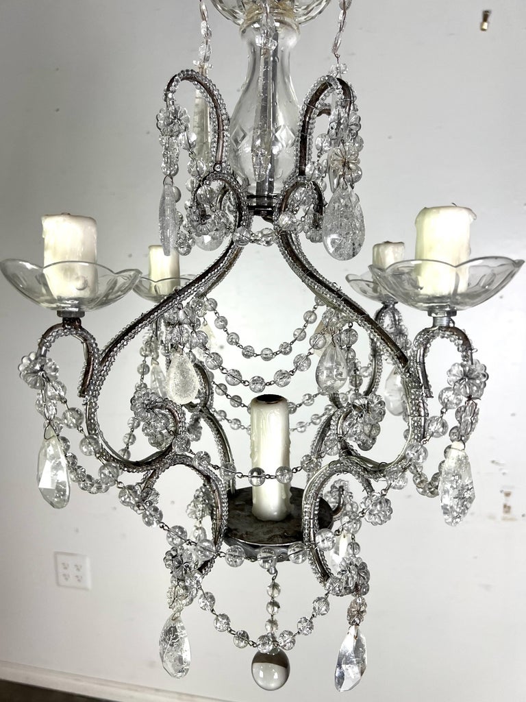 French (4) Light Rock Crystal Beaded Chandelier C. 1930's