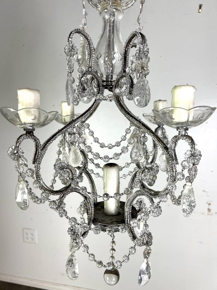 French (4) Light Rock Crystal Beaded Chandelier C. 1930's