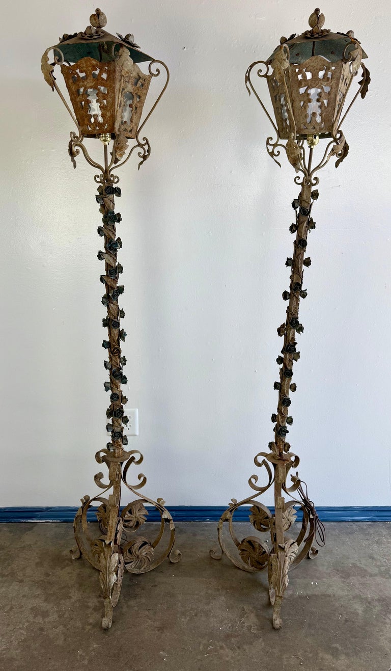 Pair of French Wrought Iron Standing Lanterns