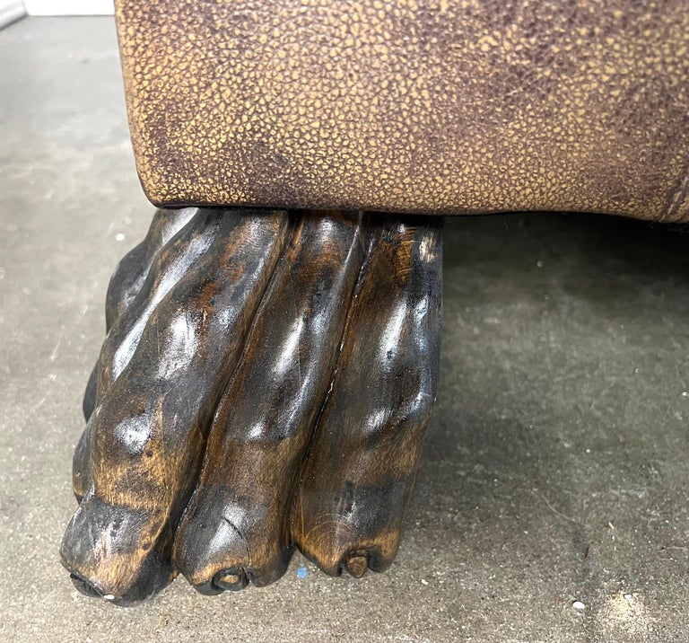 Mid-20th C. Leather Upholstered Sofa w/ Lion Paw Feet