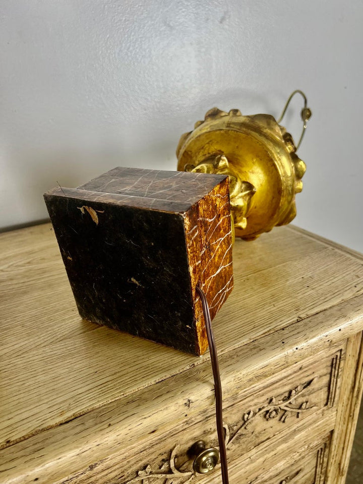 Pair of Italian Gilt Wood Carved Lamps on Faux Marble Bases