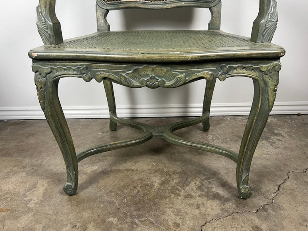 Pair of French Painted Cane Seat Armchairs with Cushions