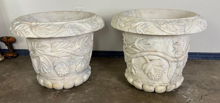 Pair of 19th Century Hand-Carved Carrara Marble Planters