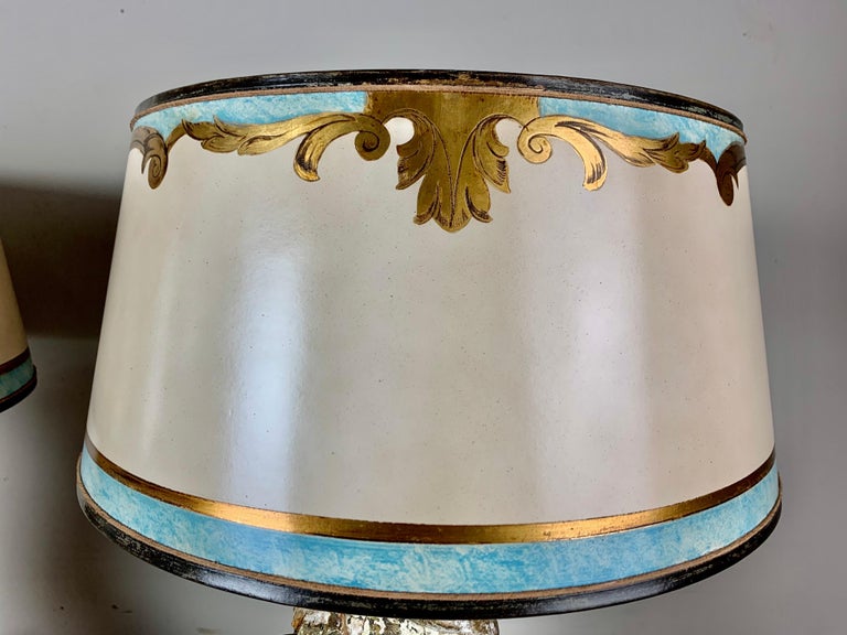 Italian Painted Column Lamps with Parchment Shades, Pair