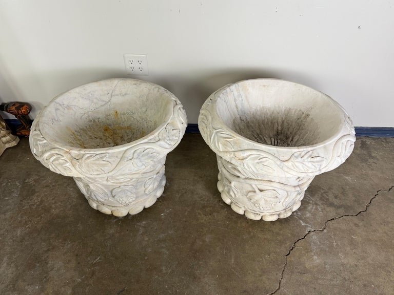 Pair of 19th Century Hand-Carved Carrara Marble Planters