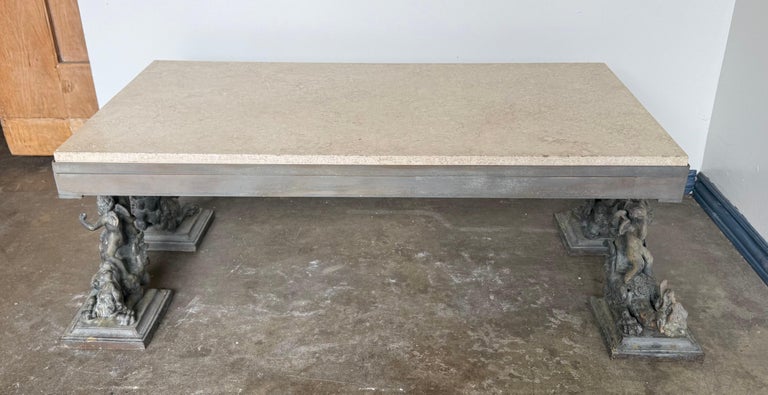 French Bronze Figural Coffee Table with Travertine Top