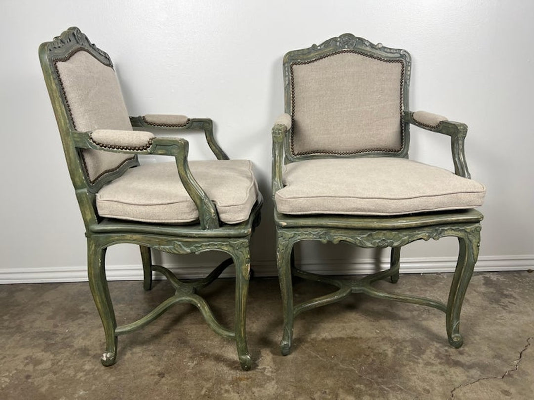 Pair of French Painted Cane Seat Armchairs with Cushions