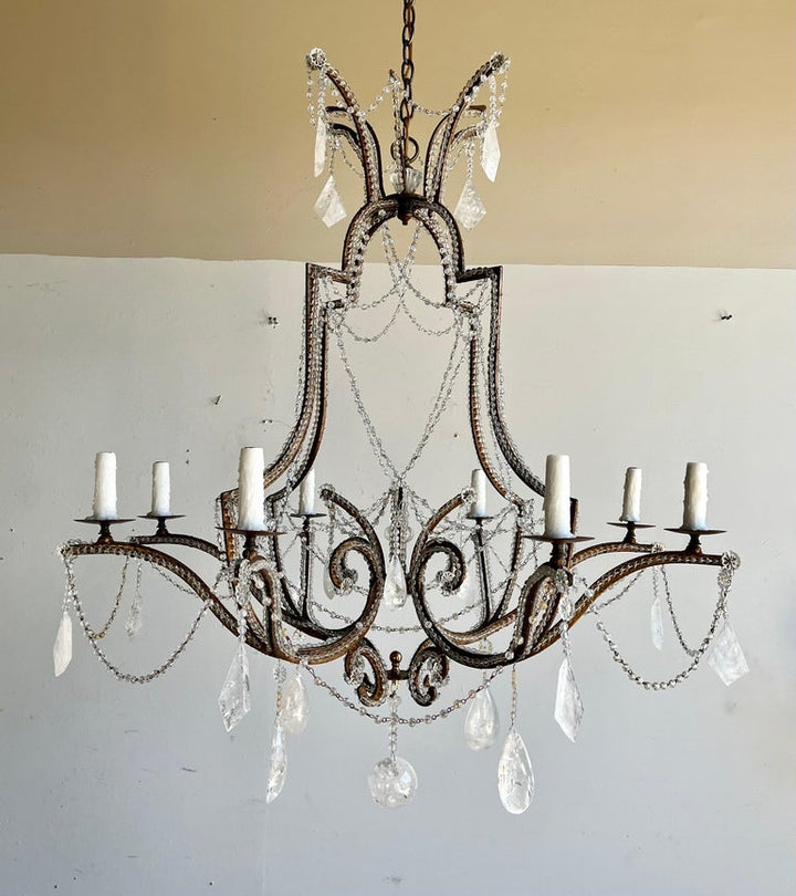 Monumental Wrought Iron & Rock Crystal Chandelier
