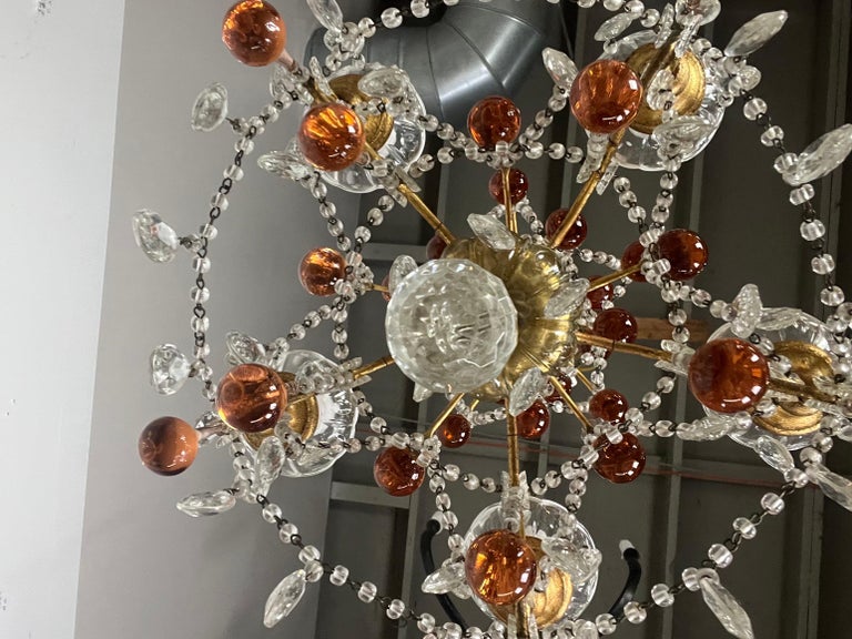 Five Light Amber Crystal Beaded Chandelier C. 1930's