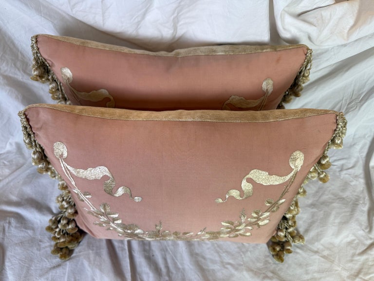 Pair of Pink Silk Embroidered Pillows w/ Tassel Fringe