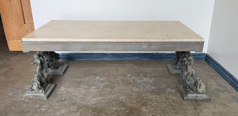 French Bronze Figural Coffee Table with Travertine Top
