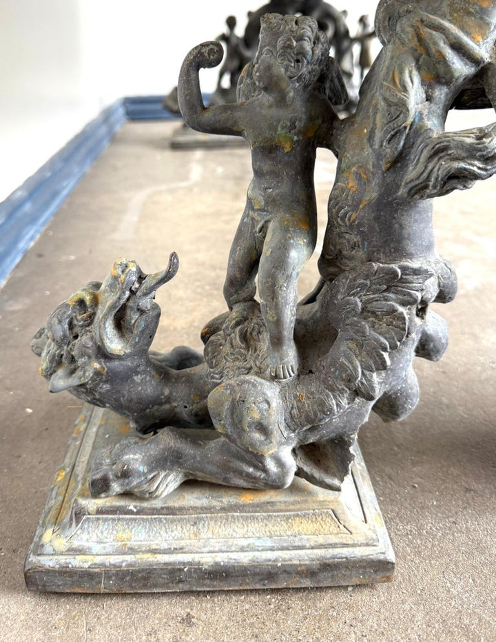 French Bronze Figural Coffee Table with Travertine Top