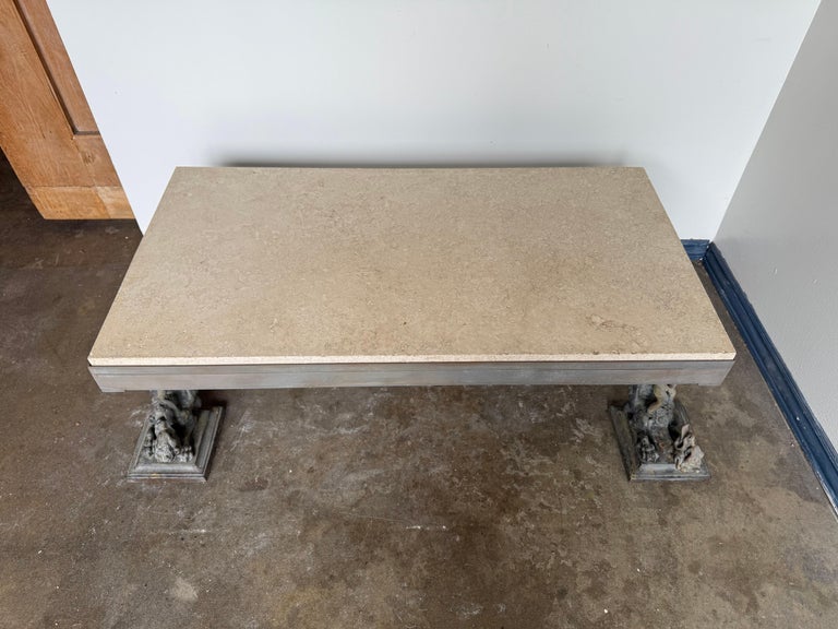 French Bronze Figural Coffee Table with Travertine Top